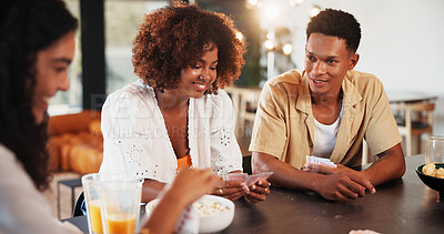 Buy stock photo Woman, friends and playing cards in home with smile, bonding and challenge with snacks for contest. People, group and relax with game, strategy and competition with drinks with reunion at apartment