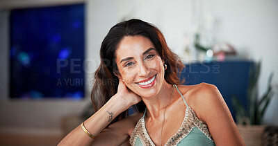 Buy stock photo Happy, relax and portrait of woman in home with smile for break, resting and calm on weekend. House, living room and person on couch for me time, comfortable and peaceful for wellness and good mood