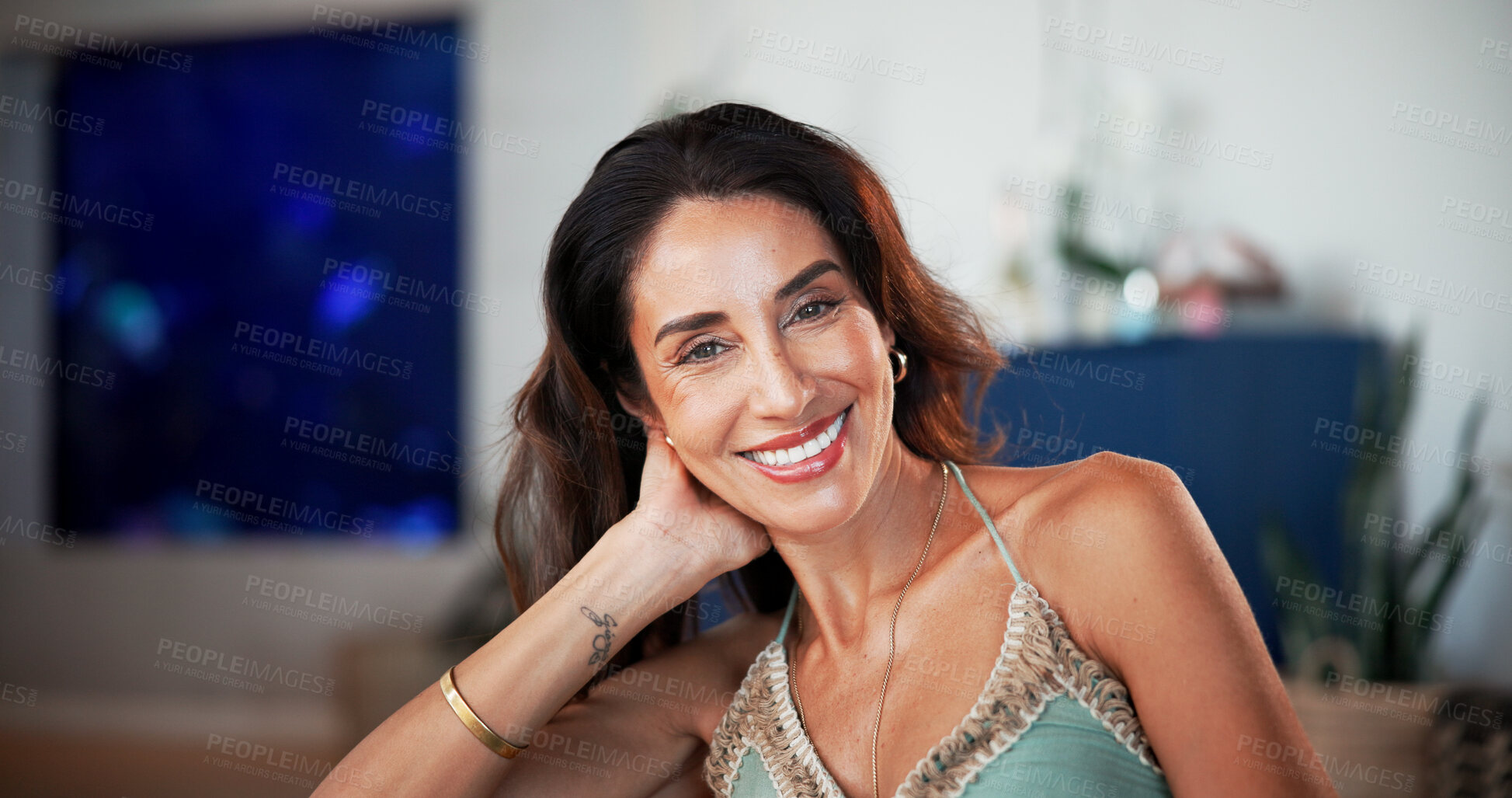 Buy stock photo Happy, relax and portrait of woman in home with smile for break, resting and calm on weekend. House, living room and person on couch for me time, comfortable and peaceful for wellness and good mood