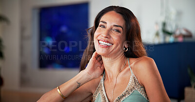 Buy stock photo Happy, laugh and portrait of woman in home with smile for break, resting and calm on weekend. House, living room and person on couch for me time, comfortable and relax for wellness and good mood