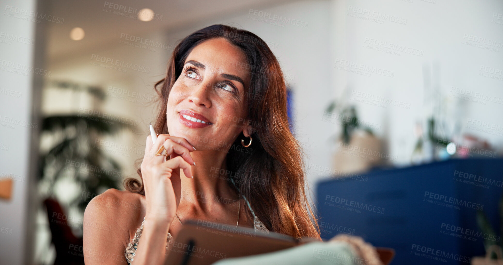 Buy stock photo Happy woman, thinking and writing with notebook for schedule, story or reminder in home. Female person, author or writer contemplating with smile, novel or diary for fantasy or imagination in house