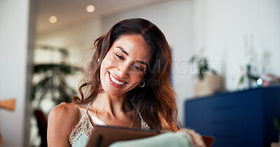 Buy stock photo Writing, happy and woman with notebook in home for reminder, checklist or mental health. Journal, notes and female person with diary for reflection, self care or gratitude in living room at house.