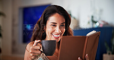 Buy stock photo Coffee, laugh and woman with book in home for hobby, relax and literature for me time. Happy, house and person with drink and funny novel, story or fiction for peace, rest and learning in living room