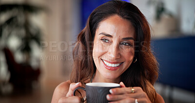 Buy stock photo Thinking, relax and woman in home with coffee for break, reflection and calm on weekend. House, living room and person with drink for me time, comfortable and thoughtful for wellness and good mood