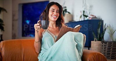 Buy stock photo Happy, reading books and woman with coffee in home for hobby, relax and literature for knowledge. Laugh, house and person with drink and novel, story or fiction for peace, calm and literacy on sofa