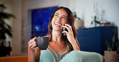 Buy stock photo Phone call, coffee and woman on sofa in home with laughing for communication, networking or gossip. Happy, cellphone and female person with warm beverage for mobile conversation in living room.