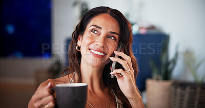 Buy stock photo Coffee, smile or woman with phone call in home, connectivity or listening for morning conversation. Tea, story reflection or mature person with contact for gossip update, mobile or think of response