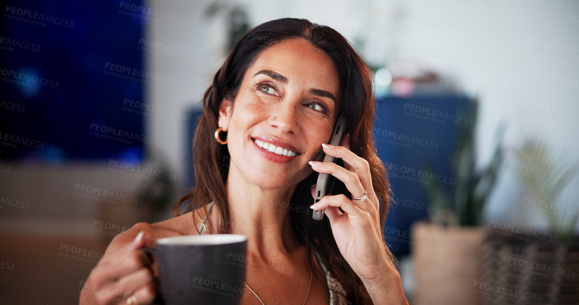 Buy stock photo Coffee, smile or woman with phone call in home, connectivity or listening for morning conversation. Tea, story reflection or mature person with contact for gossip update, mobile or think of response
