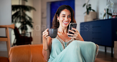 Buy stock photo Coffee, phone and relax with woman on sofa for dating app, social media and text message. Matchmaking website, online relationship forum and communication with person and tea in living room of home