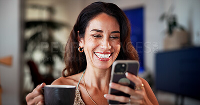 Buy stock photo Coffee, phone and woman on sofa in home with networking, contact or social media on mobile app. Happy, cellphone and female person with warm beverage for communication online in living room at house.