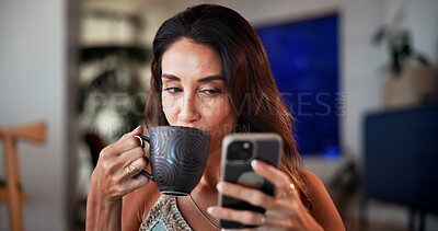 Buy stock photo Coffee, cellphone and woman on sofa in home with networking, contact or social media on mobile app. Tech, phone and female person with warm beverage for communication online in living room at house.