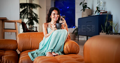 Buy stock photo Coffee cup, smile or woman with phone in home, social media or message app for morning conversation. Tea, chat notification or mature person with contact for gossip update, mobile or relax on weekend
