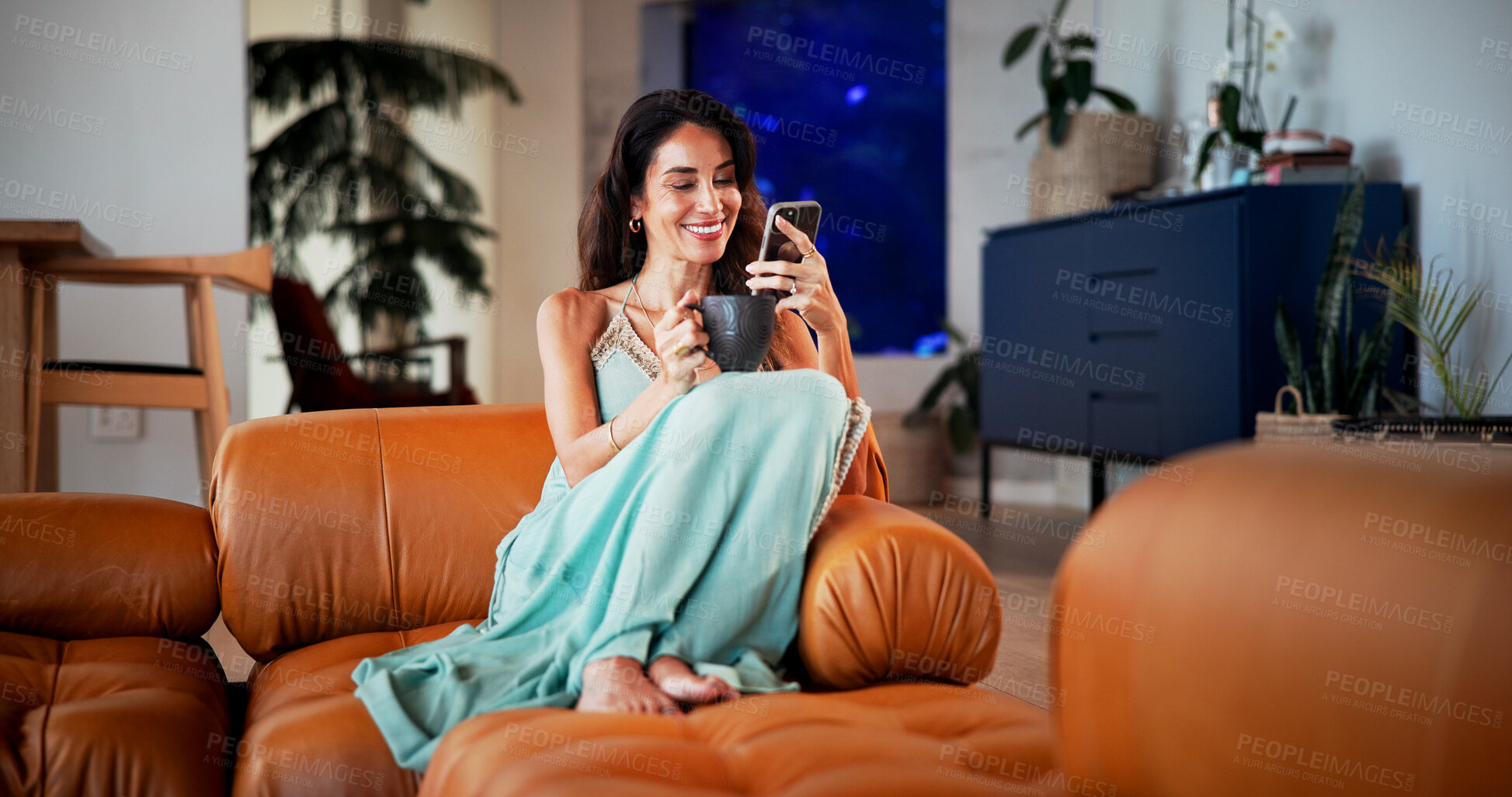 Buy stock photo Coffee cup, smile or woman with phone in home, social media or message app for morning conversation. Tea, chat notification or mature person with contact for gossip update, mobile or relax on weekend