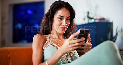 Buy stock photo Happy, phone and woman on sofa in home with networking, contact or social media on mobile app. Smile, technology and female person with cellphone for communication online in living room at house.