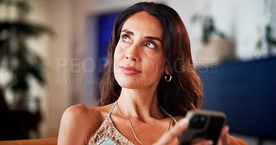 Buy stock photo Vision, phone and relax with woman on sofa for dating app, social media and text message. Matchmaking website, online relationship forum and reflection with person and mobile in living room of home