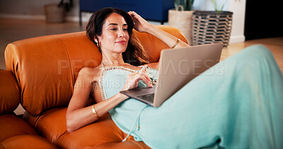 Buy stock photo Relax, laptop and woman with streaming on couch, weekend series binge and movie for entertainment. Comfortable, pc or mature person with connection for film subscription service, watch online or home
