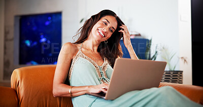 Buy stock photo Relax, laptop or woman with streaming on sofa, weekend binge watching or search app for comfort series. Browsing, pc or mature person with smile for subscription service, check movie trailer or home