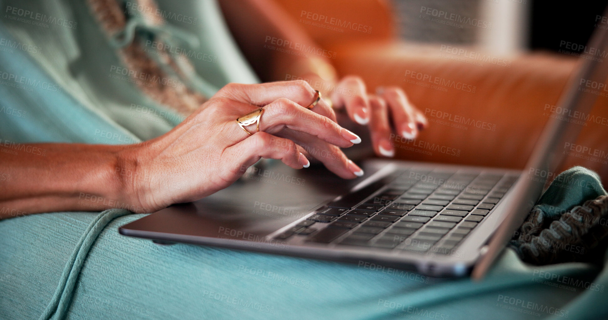 Buy stock photo Remote work, review or hands in house with laptop, draft edit or source feedback for article update. WFH, woman or journalist in home with tech, blog fact check or industry research for publication.
