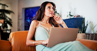 Buy stock photo Remote work, thinking or woman in house with laptop, draft insight or source feedback for article. WFH, reflection or mature journalist with tech, story idea or industry research for publication.
