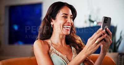 Buy stock photo Woman, typing and laugh in home with phone, funny text message and social media post on weekend break. Happy, mature person and browsing in living room with tech, online chat or reading joke on blog.