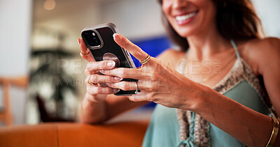 Buy stock photo Hands, phone and woman on sofa in home with networking, contact or social media on mobile app. Typing, technology and female person with cellphone for communication online in living room at house.