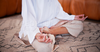 Buy stock photo Hands, woman and meditation for yoga in home for zen, spiritual healing and holistic balance. Person, lotus pose and yogi exercise for peace, mindfulness practice and self awareness for wellness
