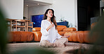 Meditation, zen and incense with woman in home for fitness, inner peace or chakra balance. Holistic wellness, breathing and spiritual wellbeing with mature person in living room of apartment for yoga