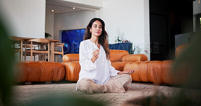 Buy stock photo Meditation, incense and relax with woman in home for fitness, inner peace and chakra balance. Holistic wellness, breathing and spiritual wellbeing with mature person in living room of house for yoga