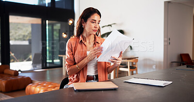 Buy stock photo Document, journalist and woman with reading, home or inspiration for article and remote work. Ideas, freelancer and mature person with project, paperwork and planning for story editor in house