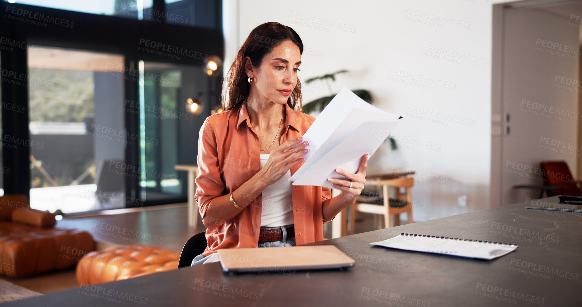 Buy stock photo Document, journalist and woman with reading, home or inspiration for article and remote work. Ideas, freelancer and mature person with project, paperwork and planning for story editor in house