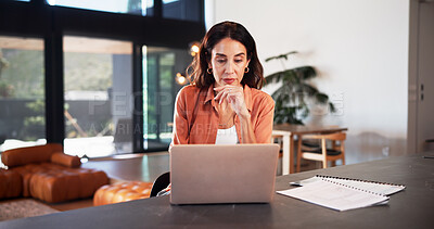 Buy stock photo Woman, reading and thinking in home with laptop, research and planning for life insurance application. Mature person, browsing and review policy in house with computer, website and asset management.