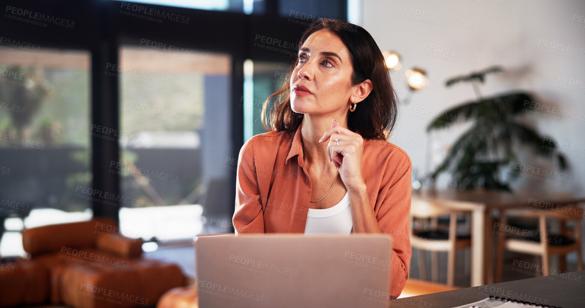 Buy stock photo Remote work, thinking or woman in house with laptop, draft insight or source feedback for article. WFH, reflection or mature journalist with tech, story idea or industry research for publication.