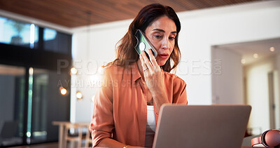 Buy stock photo Laptop, phone call and businesswoman in home with remote work for finance report with negotiation. Computer, cellphone and female financial manager on mobile discussion for investment review in house