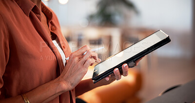 Buy stock photo Remote work, stylus or hands in house with tablet, draft edit or source feedback for article update. WFH, woman or journalist in home with tech, blog fact check or industry research for publication.