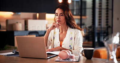 Buy stock photo Laptop, reading and mature woman with work from home, publication feedback and editing revision. Research, article review and media reporter with pc for freelance news, story plan and fact check info