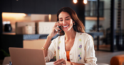 Buy stock photo Happy, phone call and businesswoman with laptop in home with remote work for finance negotiation. Computer, cellphone and female financial manager on mobile discussion for investment review in house.