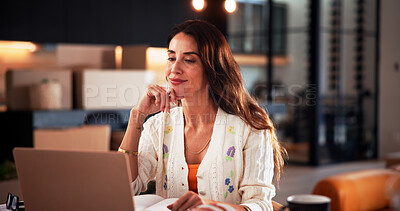 Buy stock photo Laptop, reading or mature woman with smile for remote work, publication feedback or editing revision. Research, article review or media reporter with pc for freelance news, story plan or check info