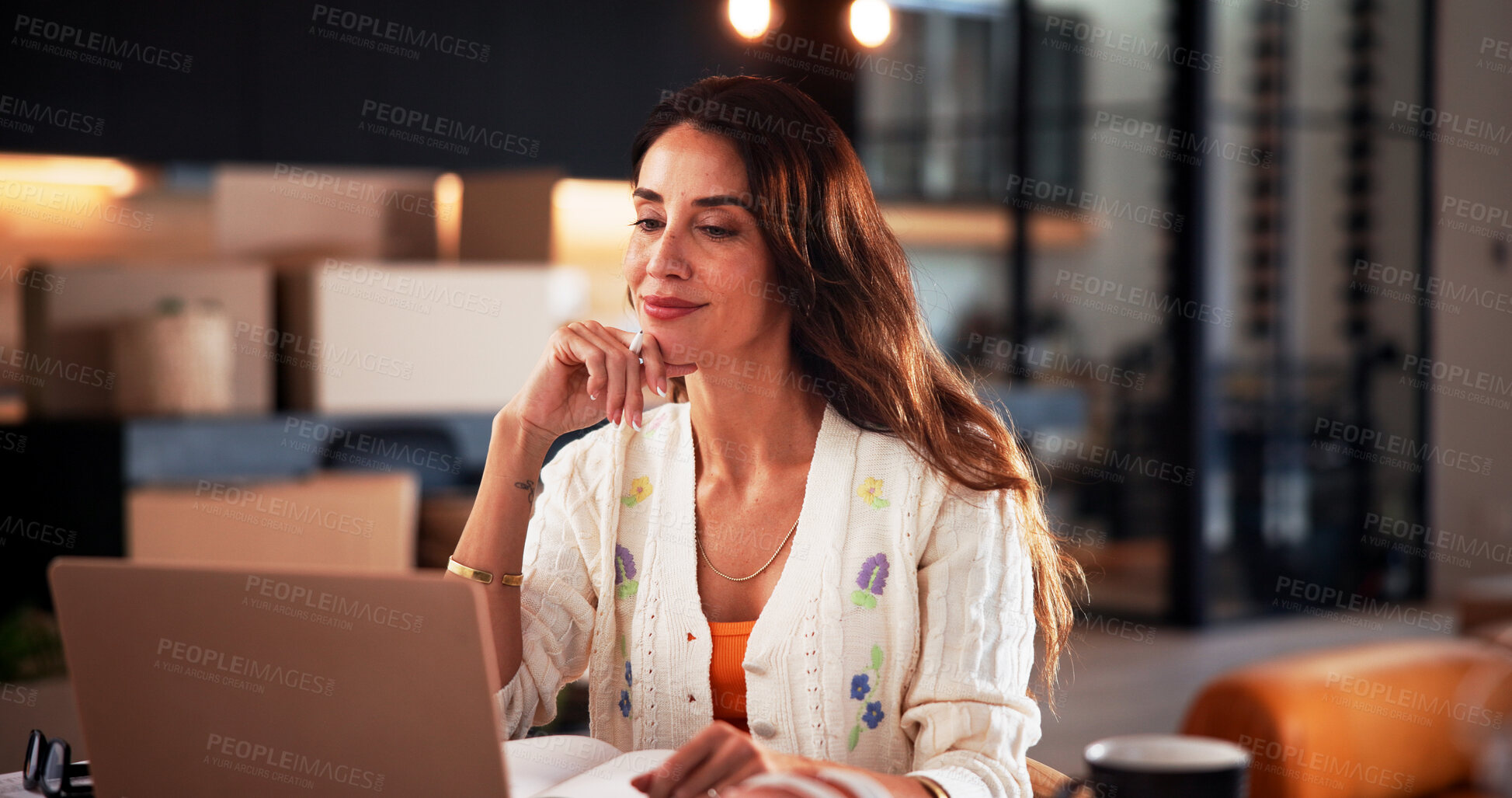 Buy stock photo Laptop, reading or mature woman with smile for remote work, publication feedback or editing revision. Research, article review or media reporter with pc for freelance news, story plan or check info