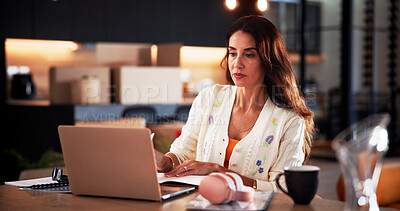 Buy stock photo Laptop, reading or mature woman with remote work, publication feedback or planning for story revision. Research, article review or media reporter with pc for freelance news, serious or editing info