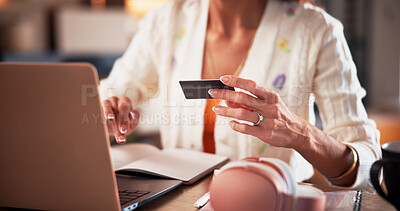 Buy stock photo Credit card, hands and woman in home on laptop for online shopping, subscription and purchase. Ecommerce, freelance and person with bank info on computer for payment, business transaction and budget