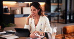 Tablet, reading and happy woman with work from home, publication feedback and plan editing revision. Research, article review and mature media reporter with freelance news story, tech and check info