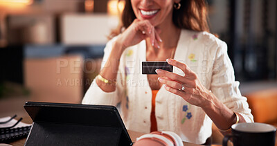 Buy stock photo Credit card, remote work and woman in home on tablet for online shopping, ecommerce and purchase. Startup, happy and person with bank info on tech for digital payment, business transaction and budget