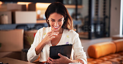 Buy stock photo Woman, smile and reading in home with tablet, social media video or check blog post on weekend break. Happy, mature person and browsing in living room with digital tech, internet and news article.
