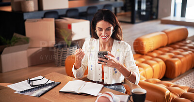 Buy stock photo Credit card, finance and woman with phone in home for online shopping, subscription and purchase. Remote work, mature and person with bank info on cellphone for payment, business transaction or sale