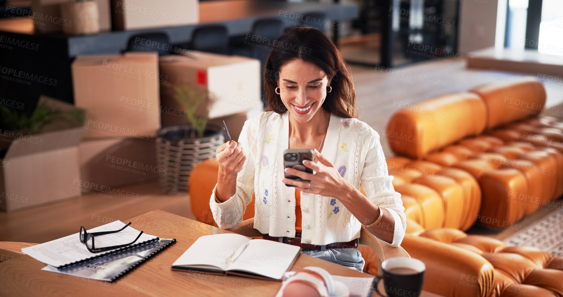 Buy stock photo Credit card, finance and woman with phone in home for online shopping, subscription and purchase. Remote work, mature and person with bank info on cellphone for payment, business transaction or sale
