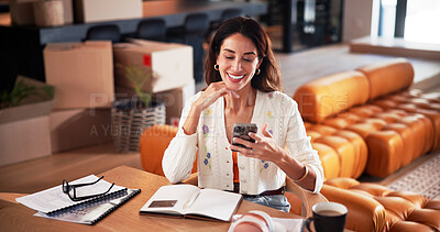 Buy stock photo Woman, smile and reading in home with phone, text message and notification for life insurance app. Mature person, browsing and check tech in house with policy cover website, internet and online chat.