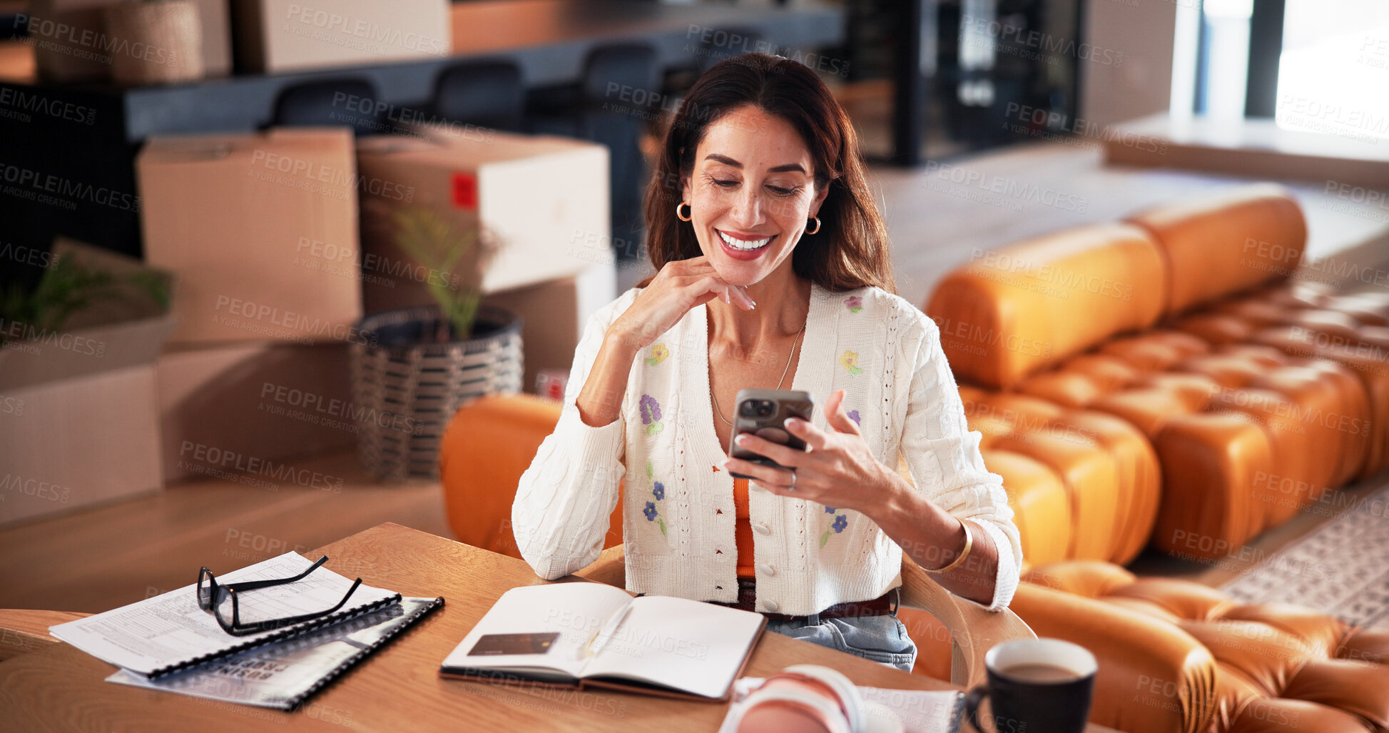 Buy stock photo Woman, smile and reading in home with phone, text message and notification for life insurance app. Mature person, browsing and check tech in house with policy cover website, internet and online chat.