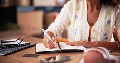 Buy stock photo Notebook, journalist and woman with writing in home for proposal, article and remote work. Documents, freelancer and female person with project, paperwork and planning for story editor in house