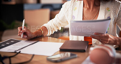 Buy stock photo Notebook, freelancer and hands with proposal in home for writing, article and remote work. Documents, journalist and female person with project, paperwork and planning for story editor in house