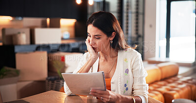 Buy stock photo Concern, woman and reading document at new house for property purchase, agreement and hidden fees. Worry, female person and contract with legal terms, lease cost and review information for relocation